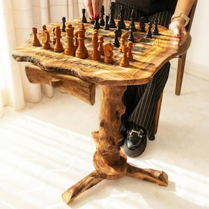 Handmade Olive Wood Chess Table with Storage & Chess Pieces