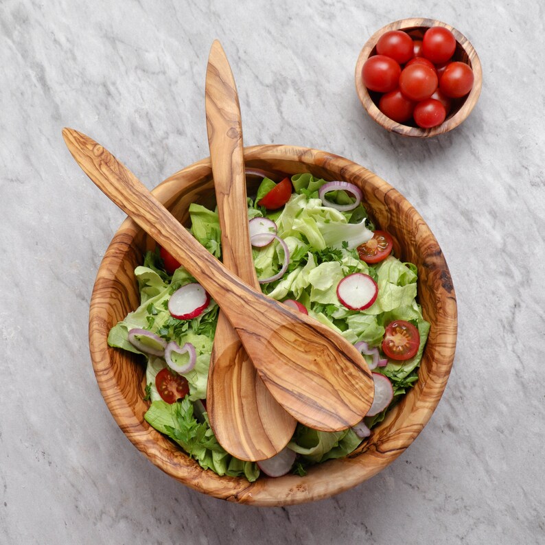 Large Olive Wood Bowl Handmade With 2 Salad Servers Wooden Etsy