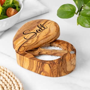 Wooden Salt Cellar with Pivoting Lid and Spoon / Salt Box with Lid handmade from Olive Wood (+ Free Personalization and Beeswax)