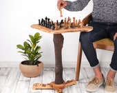 Chess Set table with natural edges made from Olive Wood, Chess Board Game Table (FREE Personalization Wood Conditioner Pot)