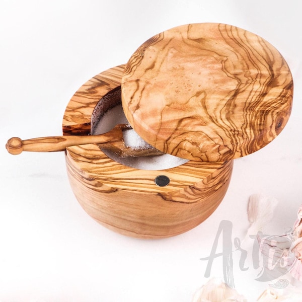 Handmade Olive Wood Salt Cellar with Lid & Spoon + Free Personalization + Gift BeesWax Kit