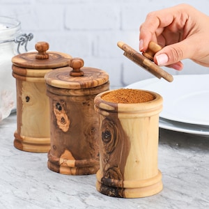 Set of 3 Handmade Olive Wood Spice Jars with Lid + Gift BeesWax Kit