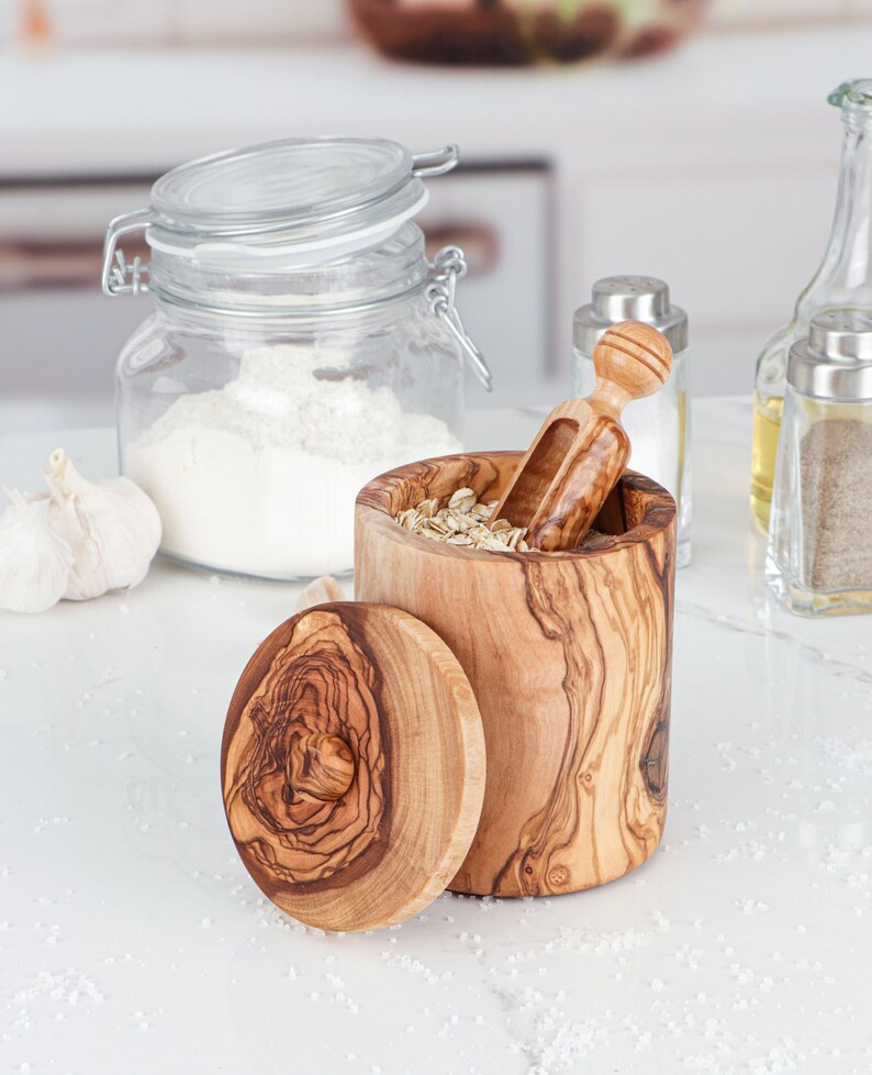 Salt Box Handmade of Olive Wood Salt Cellar With Lid & Spoon Etsy