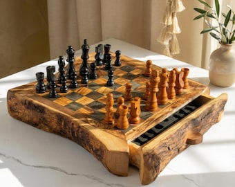 Handmade Olive Wood Chess Set with Storage Drawer, Rustic Live Edge Chess Board, Personalized Anniversary Gift for Him Dad Husband