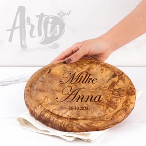 Handmade Olive Wood Round Cheese Board | Wooden Chopping Board with Groove (+ Free Personalization & Wood Conditioner)
