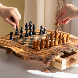 Chess Set with Storage Olive Wood Chess Set Handmade Chess Lovers Gift Personalized Chess Board Wooden +FREE Personalization & Wood Beeswax