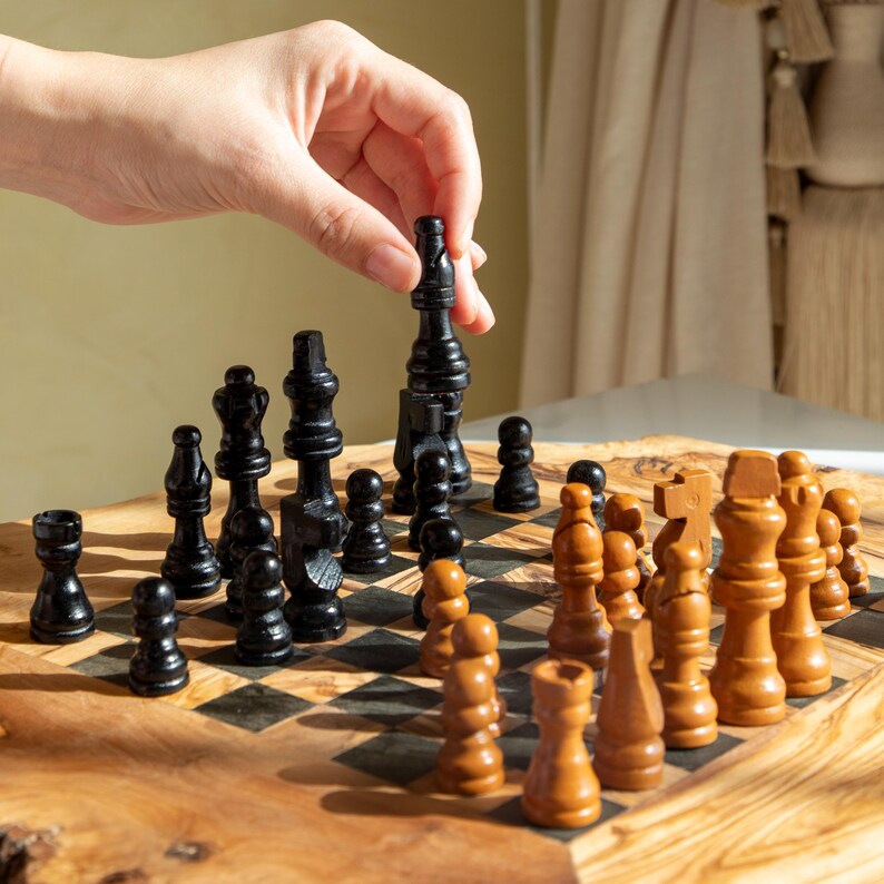 Handmade Olive Wood Chess Set with Rough Edges: Personalized Gift + GIFT BeesWax Kit