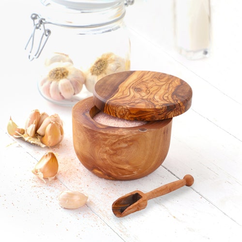 Olive Wood Salt Cellar With Lid and Spoon BESTSELLER Salt Etsy