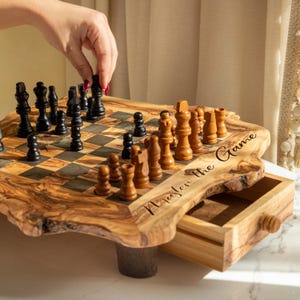 Unique Chess Set Handmade Olive Wood Chess Set with Storage & Rustic Legs, Personalized Gift for Him +FREE Personalization and Wood Wax