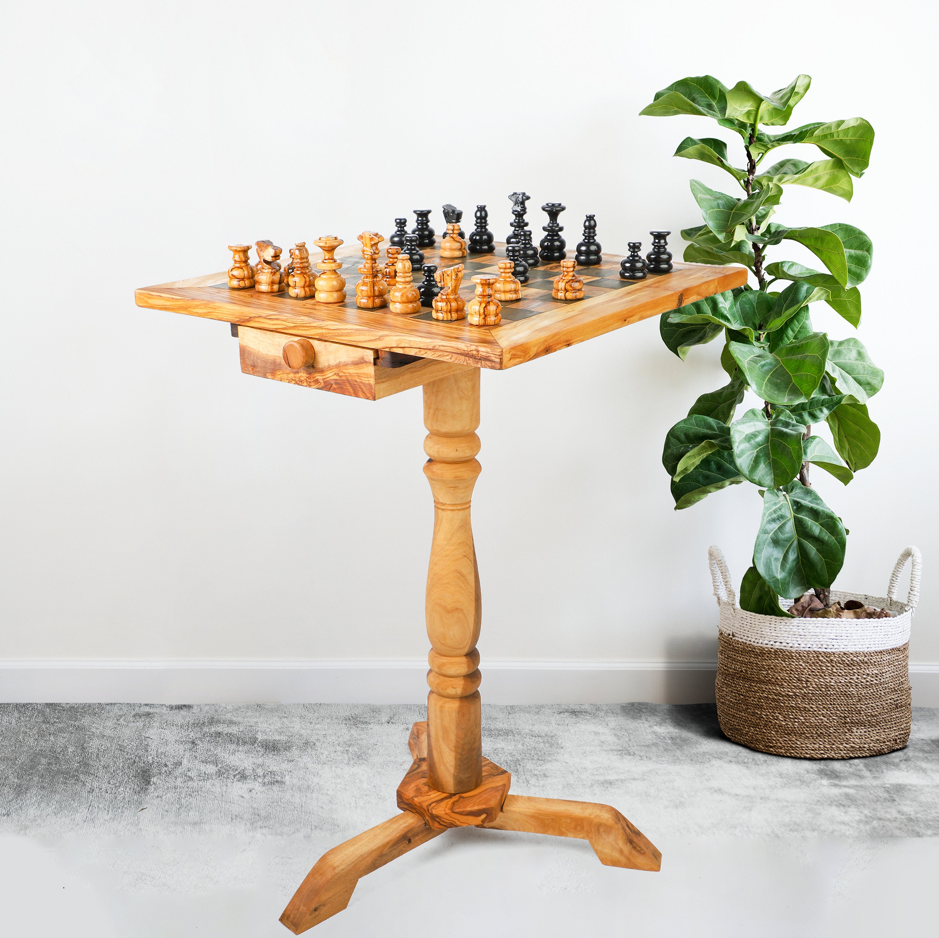 olive wood chess board with drawer