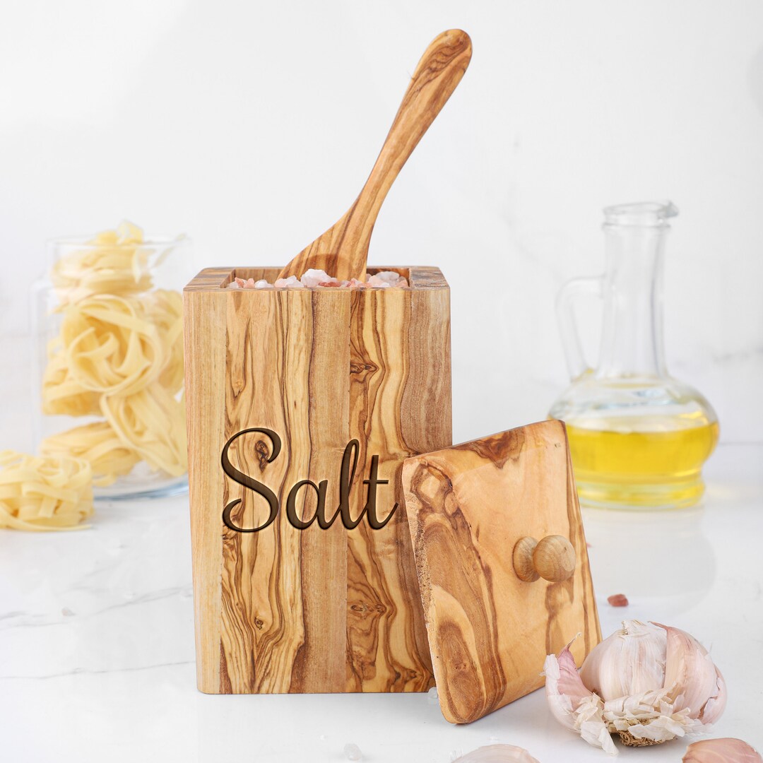 Olive Wood Salt Cellar With Lid and Spoon / Handmade Salt Cellar With