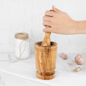 Puerto Rican Style Mortar and Pestle Handmade from Olive Wood for Grinding Herbs and Mixing Spices +FREE Organic Wood Finish