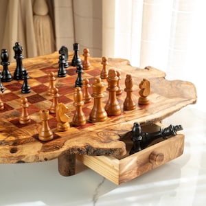 Custom Olive Wood Chess Set with Rough Edges - Handmade Unique Wooden Chess Board (FREE Personalization + Wood Finish)