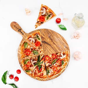 Pizza Board Handmade from Olive Wood - Pizza Cutting Board Wooden + FREE Personalization & Wood Organic Beeswax