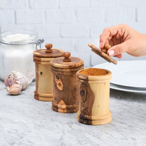 Set of 3 Handmade Olive Wood Spice Jars with Lid with a FREE  Beeswax