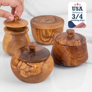 Handmade Olive Wood Salt Cellar - Personalized Spice Box with Lid +Gift Beeswax kit