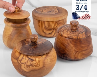 Handmade Olive Wood Salt Cellar - Personalized Spice Box with Lid