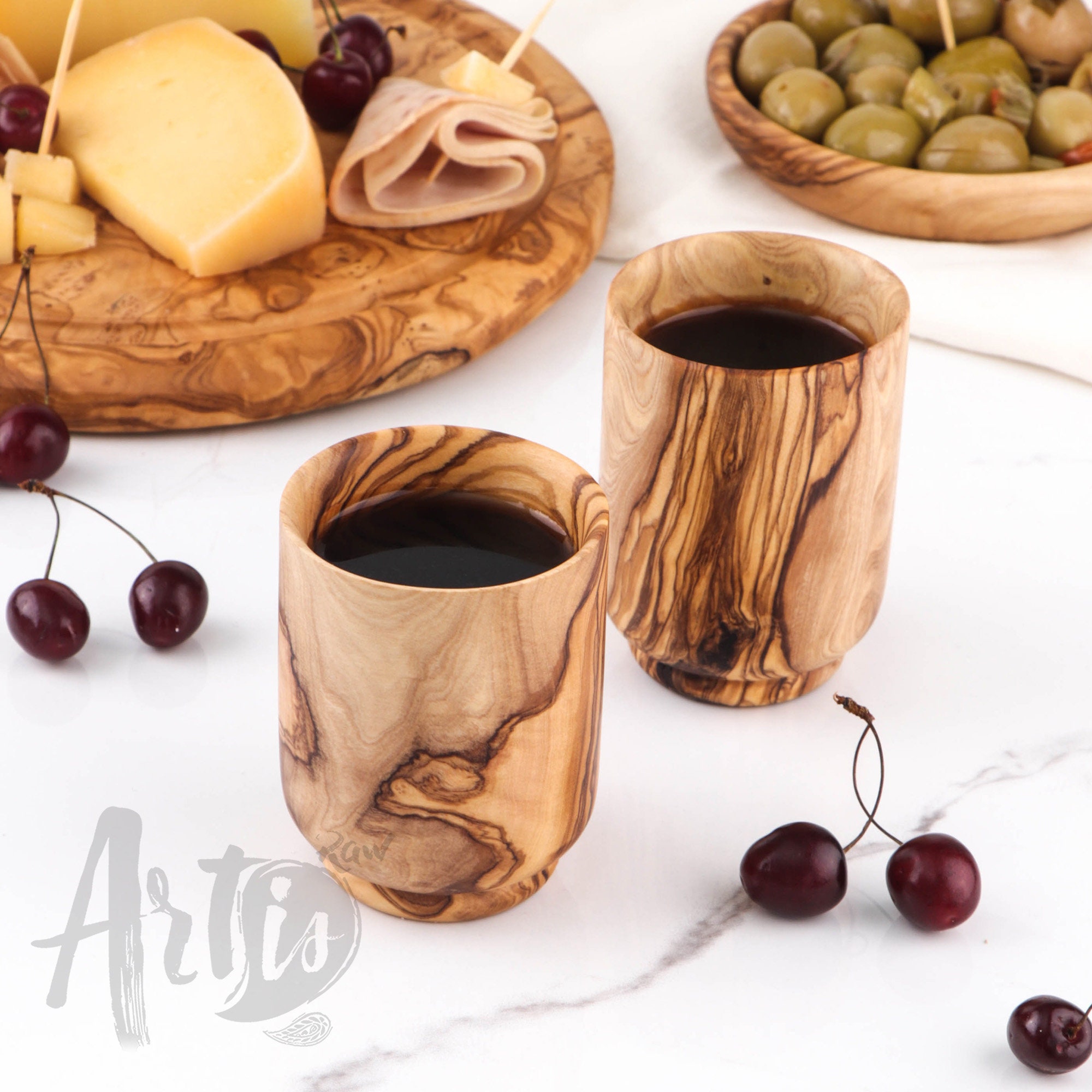 Olive Wooden Mugs set of 2 Eco Wooden Cup Set, for Warm & Cold Drinks FREE  Personalization and Beeswax Finish 