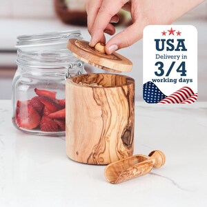 Handmade Olive Wood Salt Box | Kitchen Spice Cellar with Lid & Spoon +Gift BeesWax kit