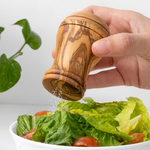 Handmade et of 2 Olive Wood Salt and Pepper Shakers with twist-off Lid ( FREE Personalization and Wood BeesWax)