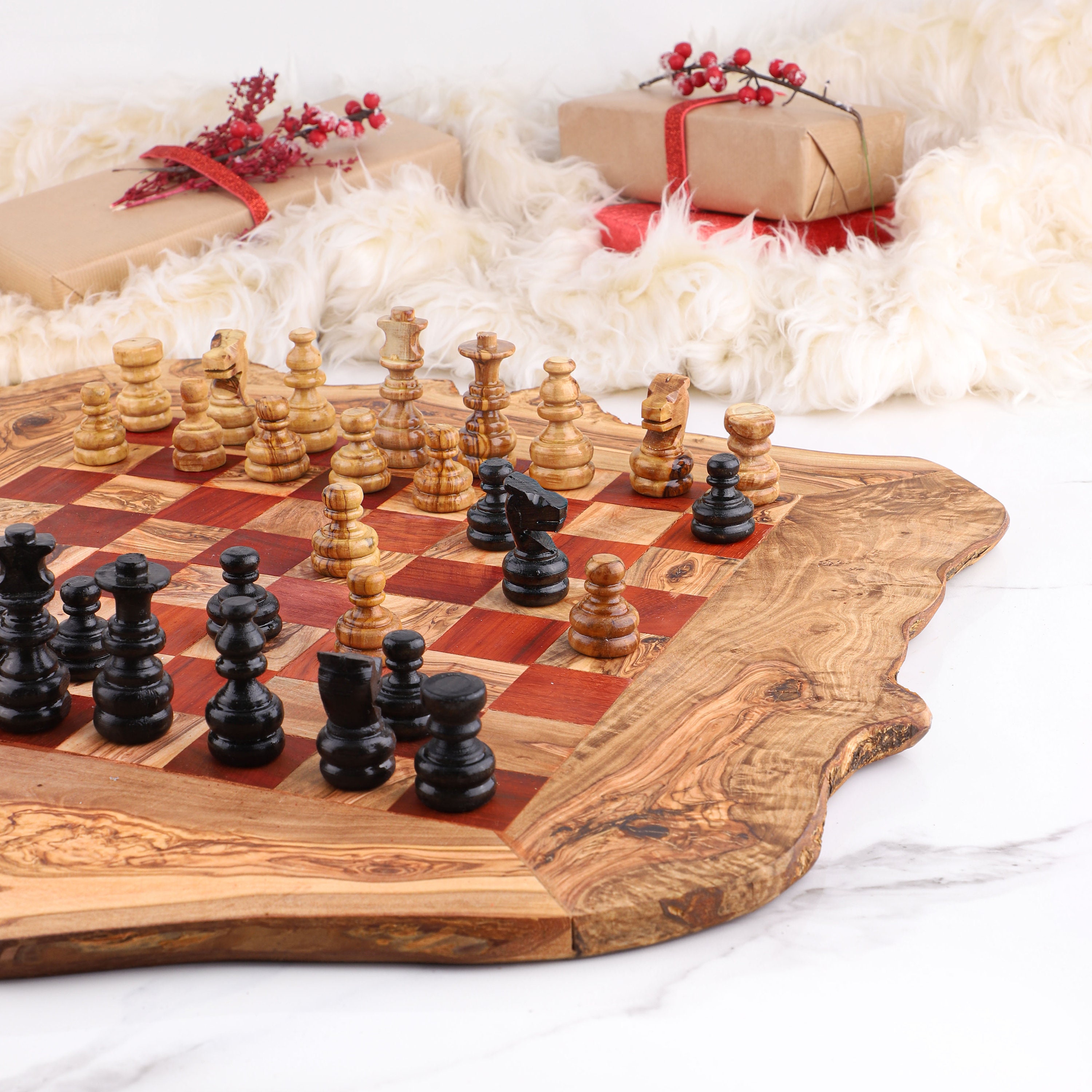 Wooden Chess Set with Rustic Rough Edges - Artisraw