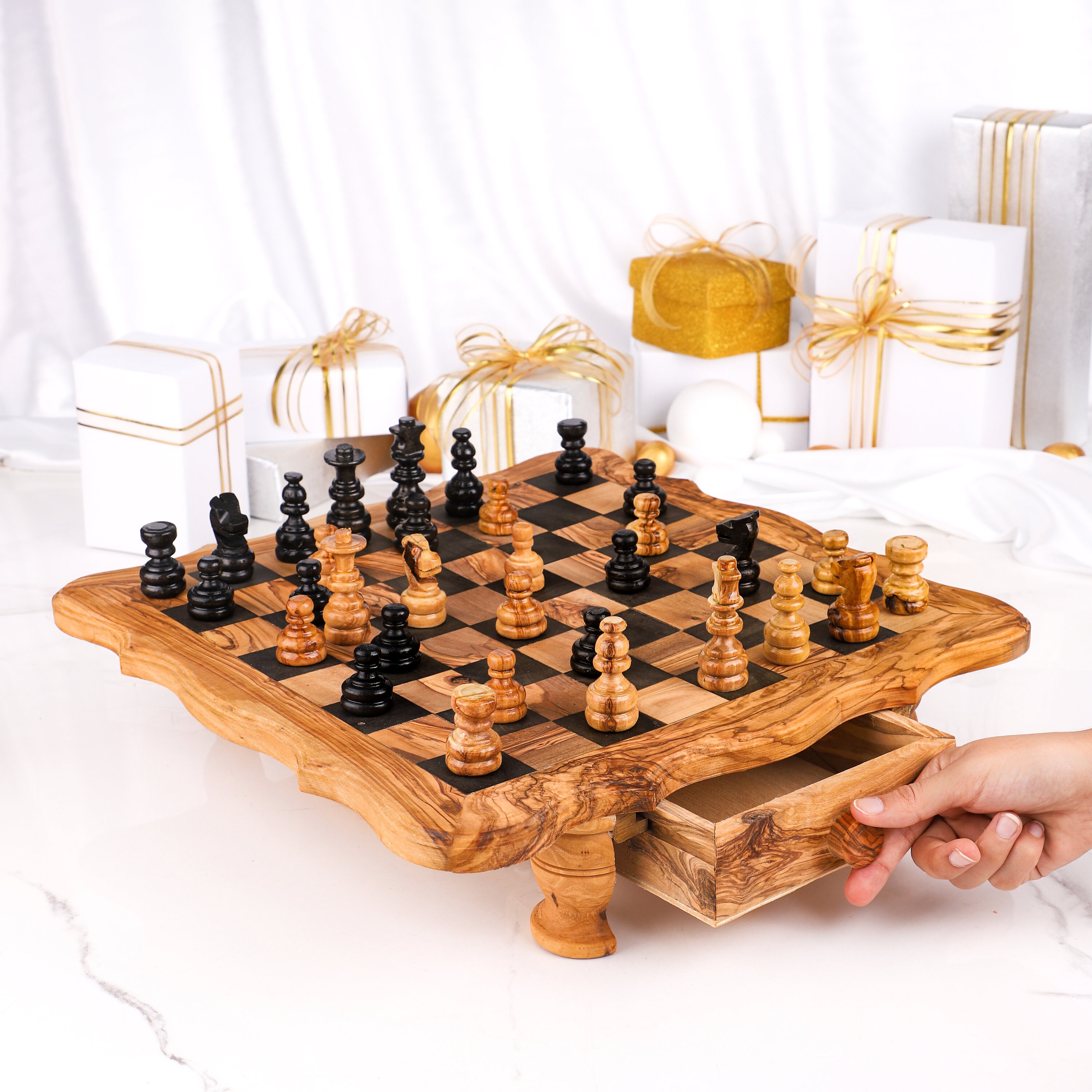 Olive Wood Rustic Chess Board Set with Resin Finish - Qartaj