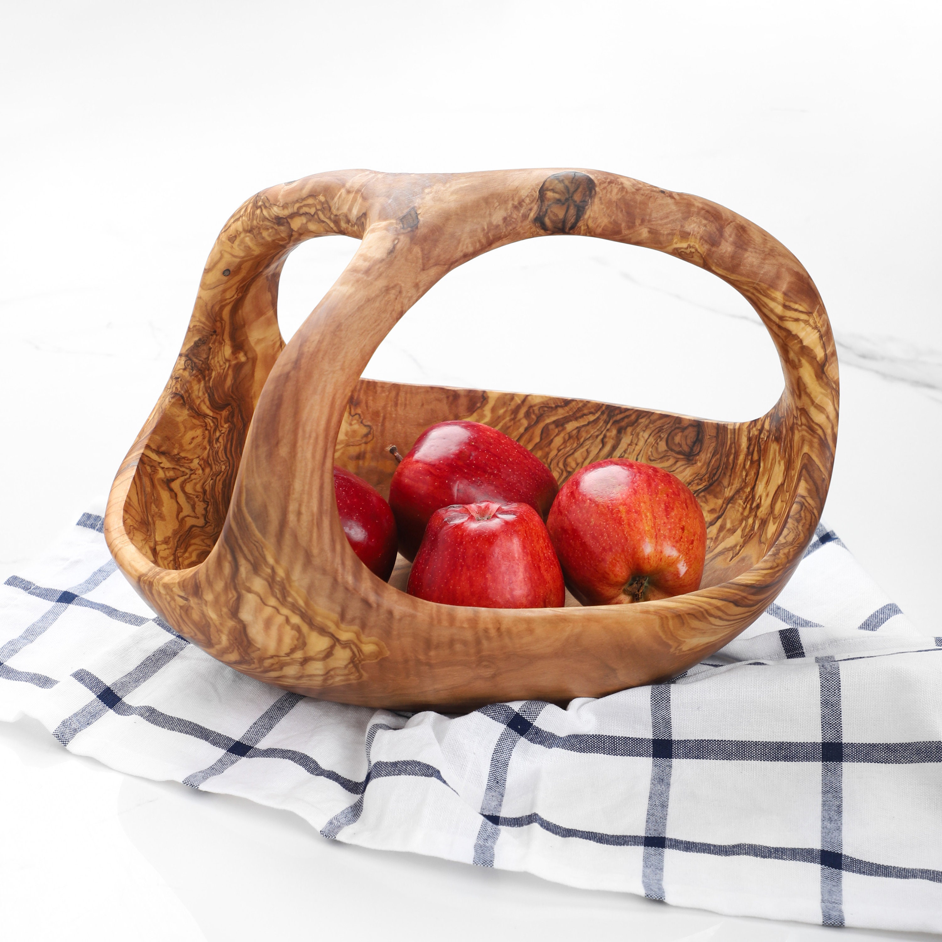 Olive Wood Fruit Basket Hand-carved From a Single Piece Handmade Wooden Bowl  With Handle FREE Organic Wood Finish 