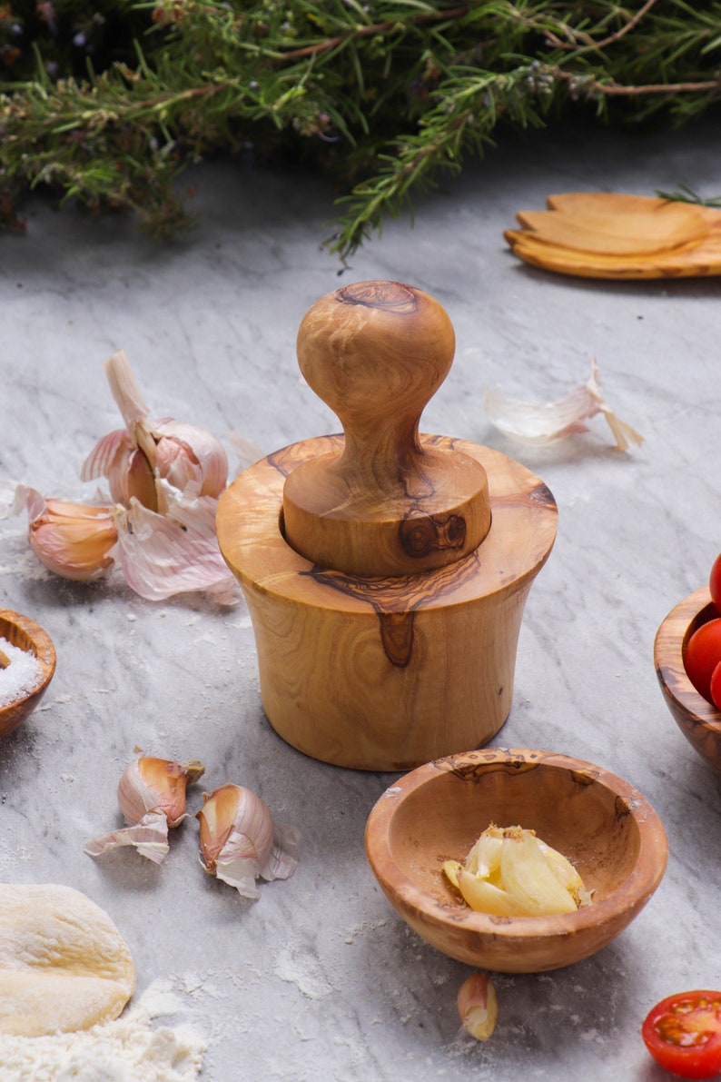 Garlic Press Made of Tunisian Olive Wood mortar and Pestle Etsy