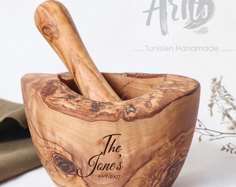 Handmade Olive Wood Mortar and Pestle: Rustic Kitchen Decor, FREE Personalization + GIFT BeesWax Kit