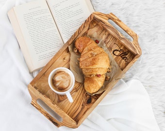 Elegant Olive Wood Serving Tray – Personalized Wooden Tray for Kitchen & Home + Free Organic Beeswax