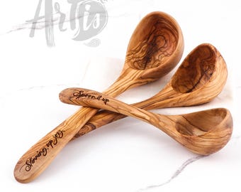 Handmade Olive Wood Ladle: Rustic Cooking Utensil, FREE Personalization + GIFT BeesWax Kit