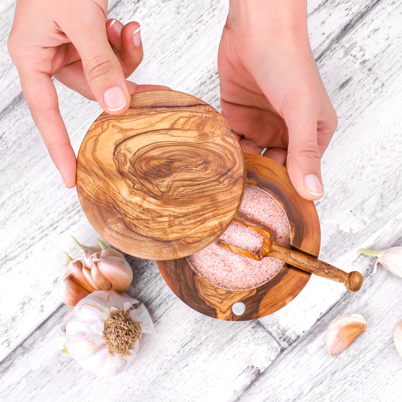Salt Cellar With Lid and Spoon Handmade From Olive Wood Salt Etsy