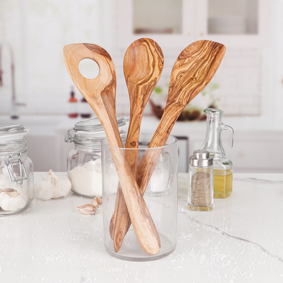 Set of Olive Wooden Spoons, Risotto Spoon & Corner Spoon for Use With Nonstick Pans Wooden