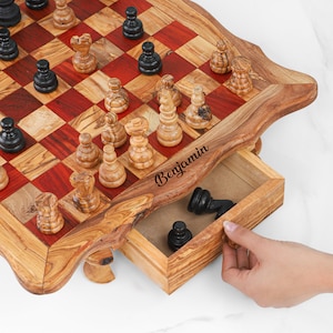 Chess Board Handmade from Tunisian Olive Wood | Wood Chess Set with Board| Roommate Gift (+ Free Personalization and Wood Beeswax)