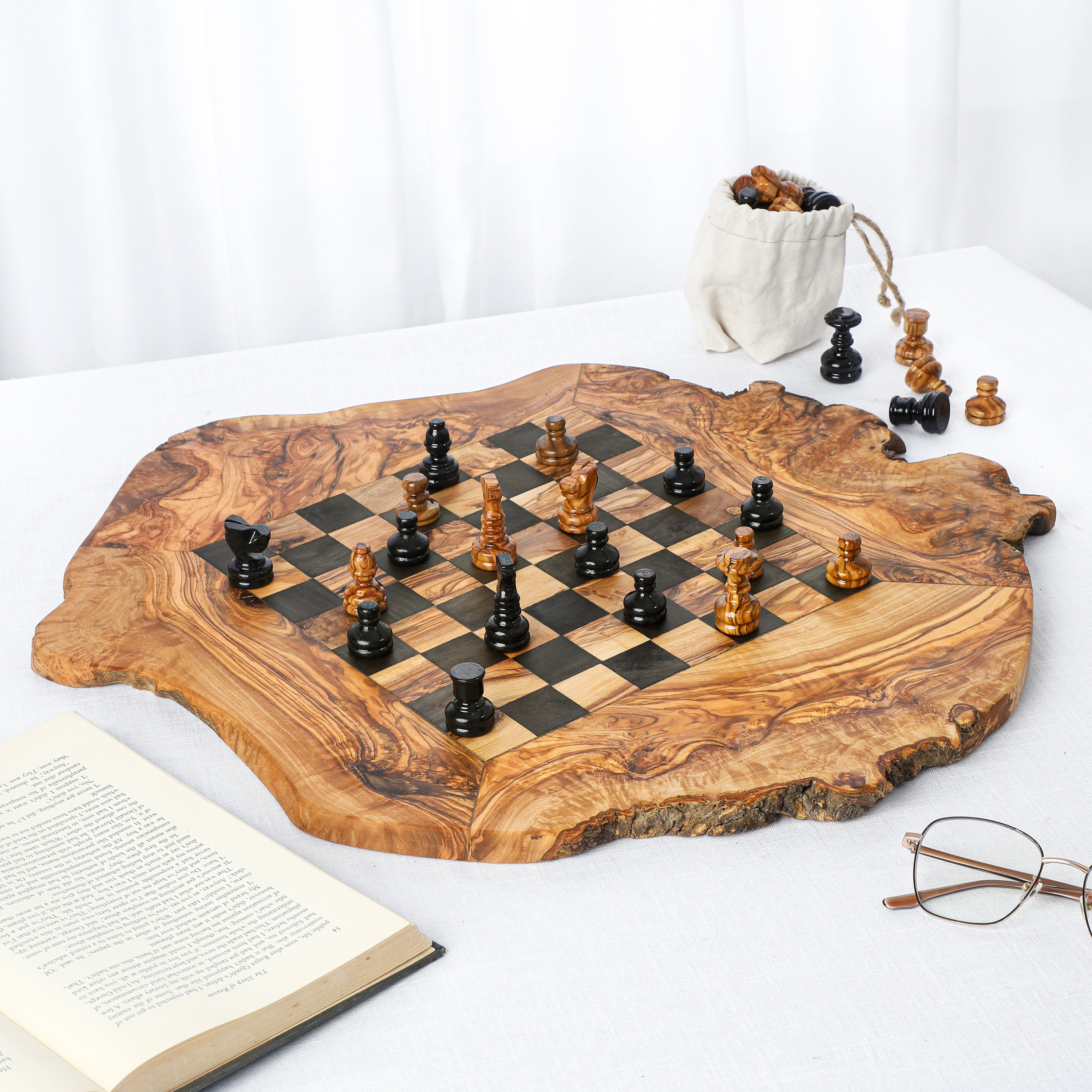 Wooden Chess Set with Rustic Rough Edges - Artisraw