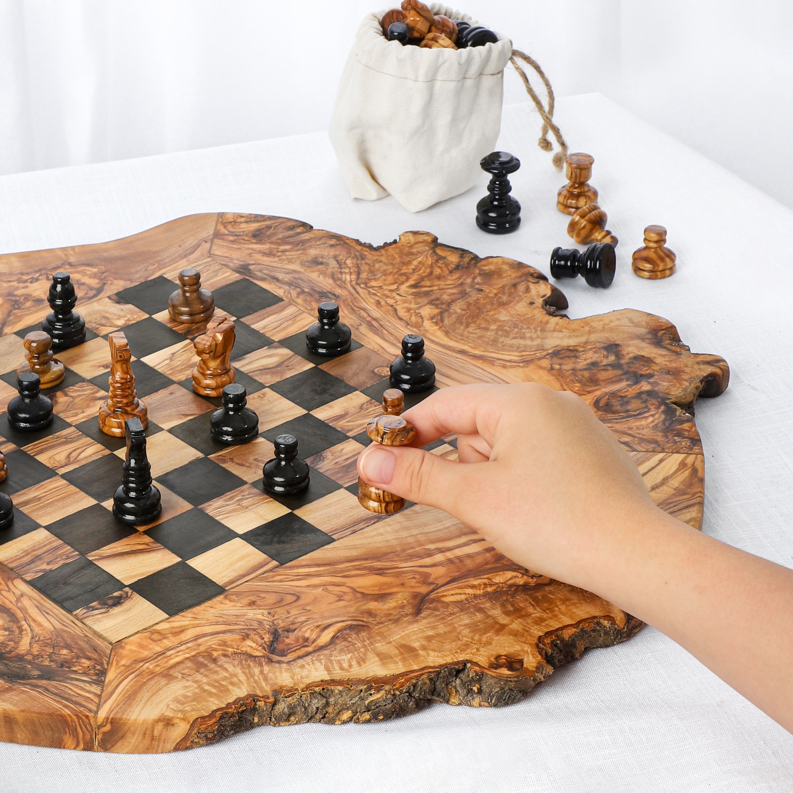 Olive Wood Rustic Chess Board Set with Resin Finish - Qartaj