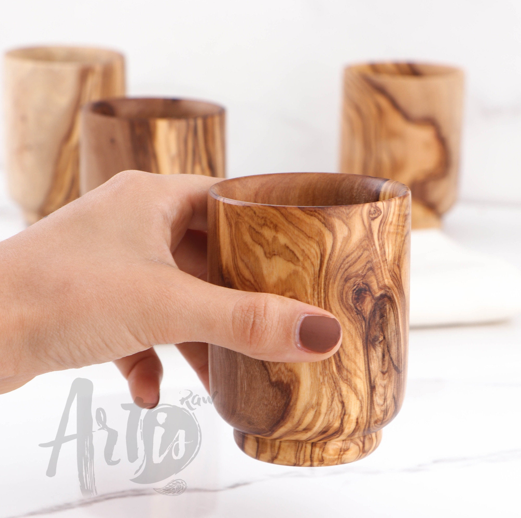Olive Wooden Mugs set of 2 Eco Wooden Cup Set, for Warm & Cold Drinks FREE  Personalization and Beeswax Finish 