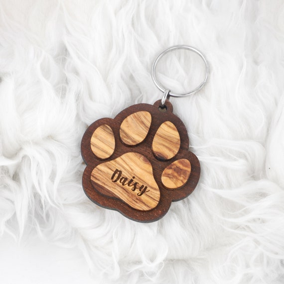 Paw Print Keychain - Dog Paw - Cat Paw Carved Wood Key Ring - Paw Print Wooden Engraved Charm - Animal Paw Print Charm