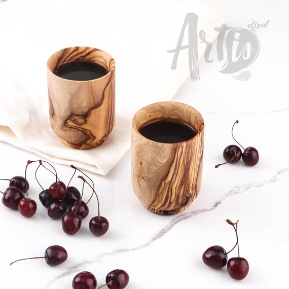 Olive Wooden Mugs set of 2 Eco Wooden Cup Set, for Warm & Cold Drinks FREE  Personalization and Beeswax Finish 