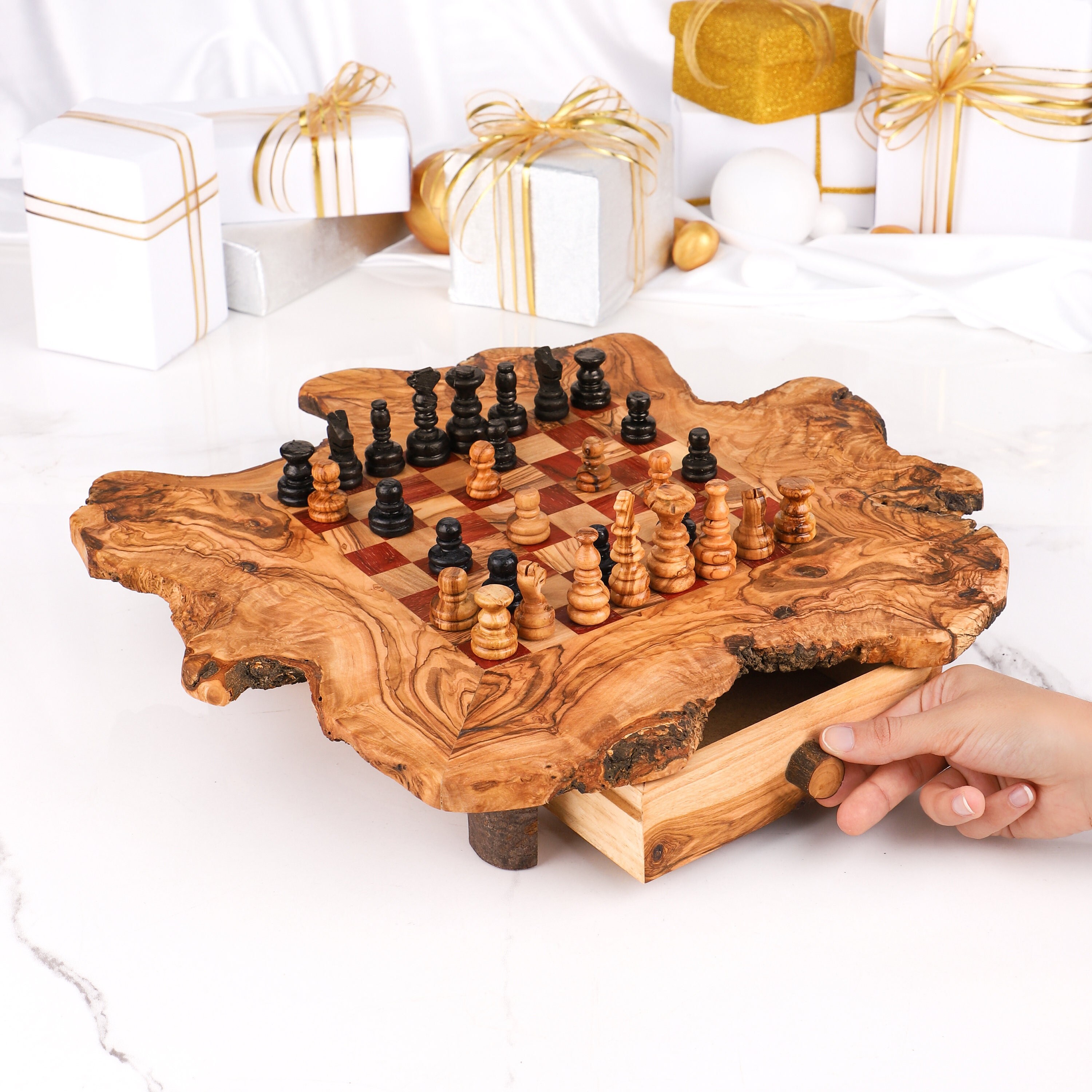 Wooden Chess Set with Rustic Rough Edges - Artisraw