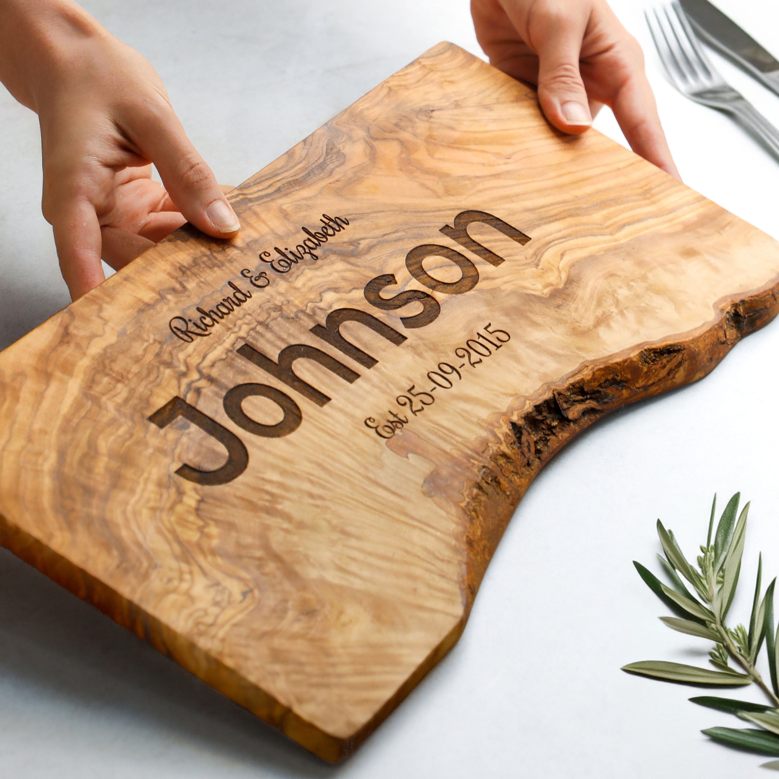 Personalized Olive Wood Cutting Board | Rustic Cheese Board Wedding Gift | Custom Charcuterie Board + Free Personalization & Beeswax
