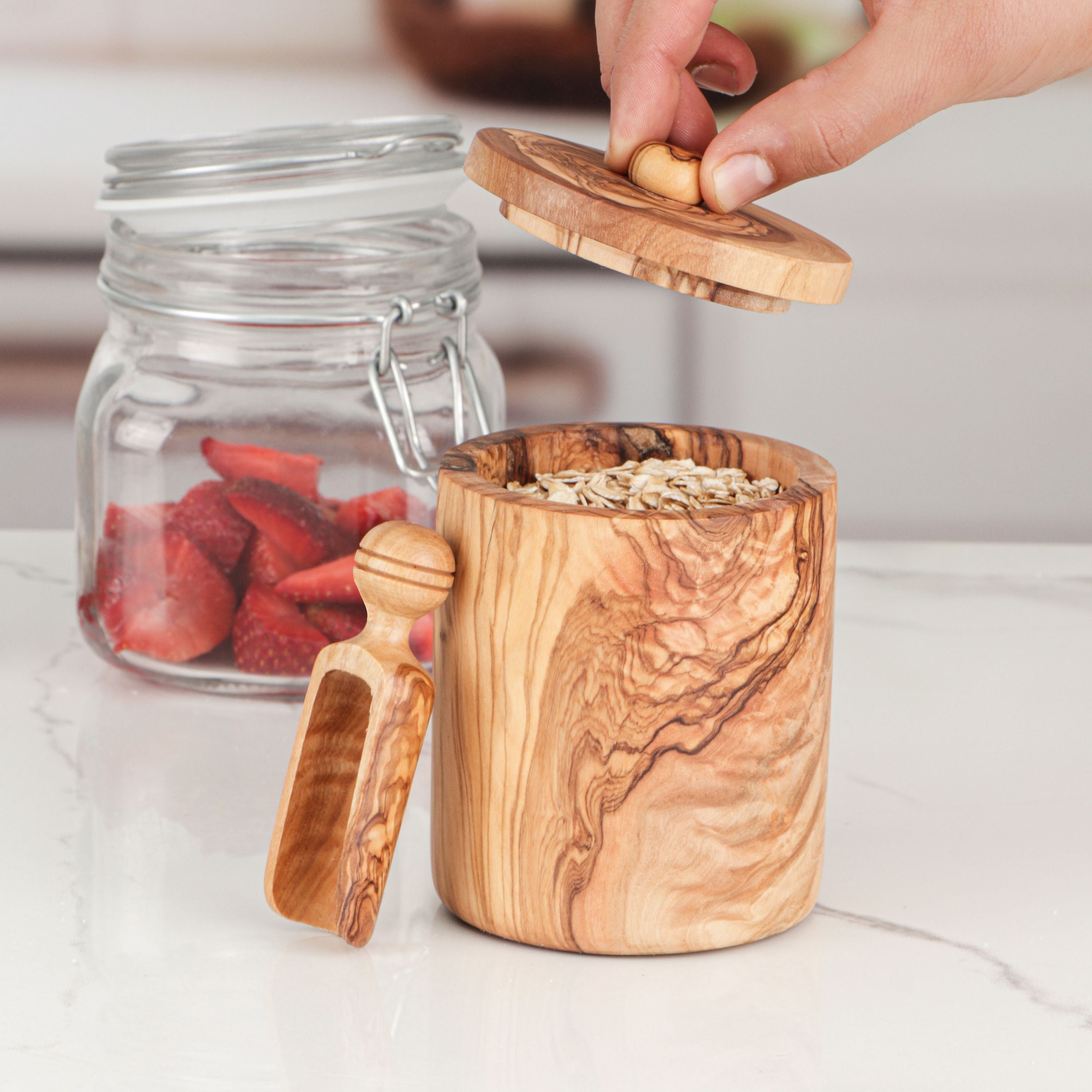 Salt Box handmade of Olive Wood Salt Cellar with Lid & Spoon Etsy