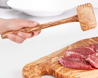 Maillet pour attendrir la viande en bois d'olivier fait main : batteur barbecue double face + kit de cire d'abeille CADEAU