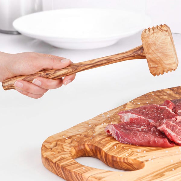 Mazo ablandador de carne de madera de olivo hecho a mano: mazo de barbacoa de doble cara + kit de cera de abejas de regalo