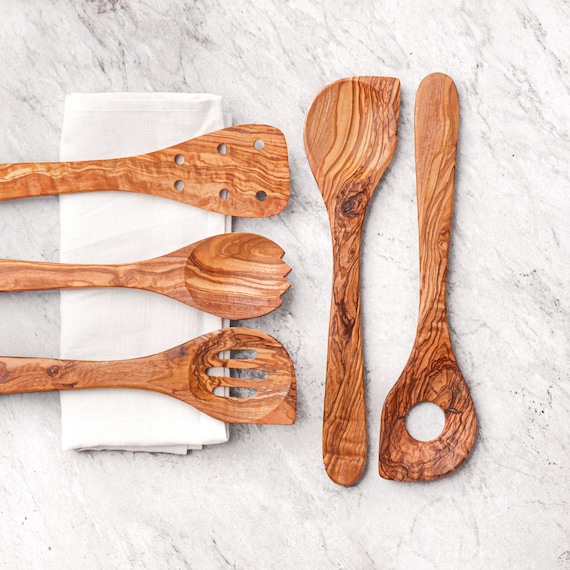 Olive Wood Kitchen Utensils Set of 5 Wooden Utensils Wooden Spoons, Spatula  and Spork FREE Personalization & Wood Beeswax -  Sweden