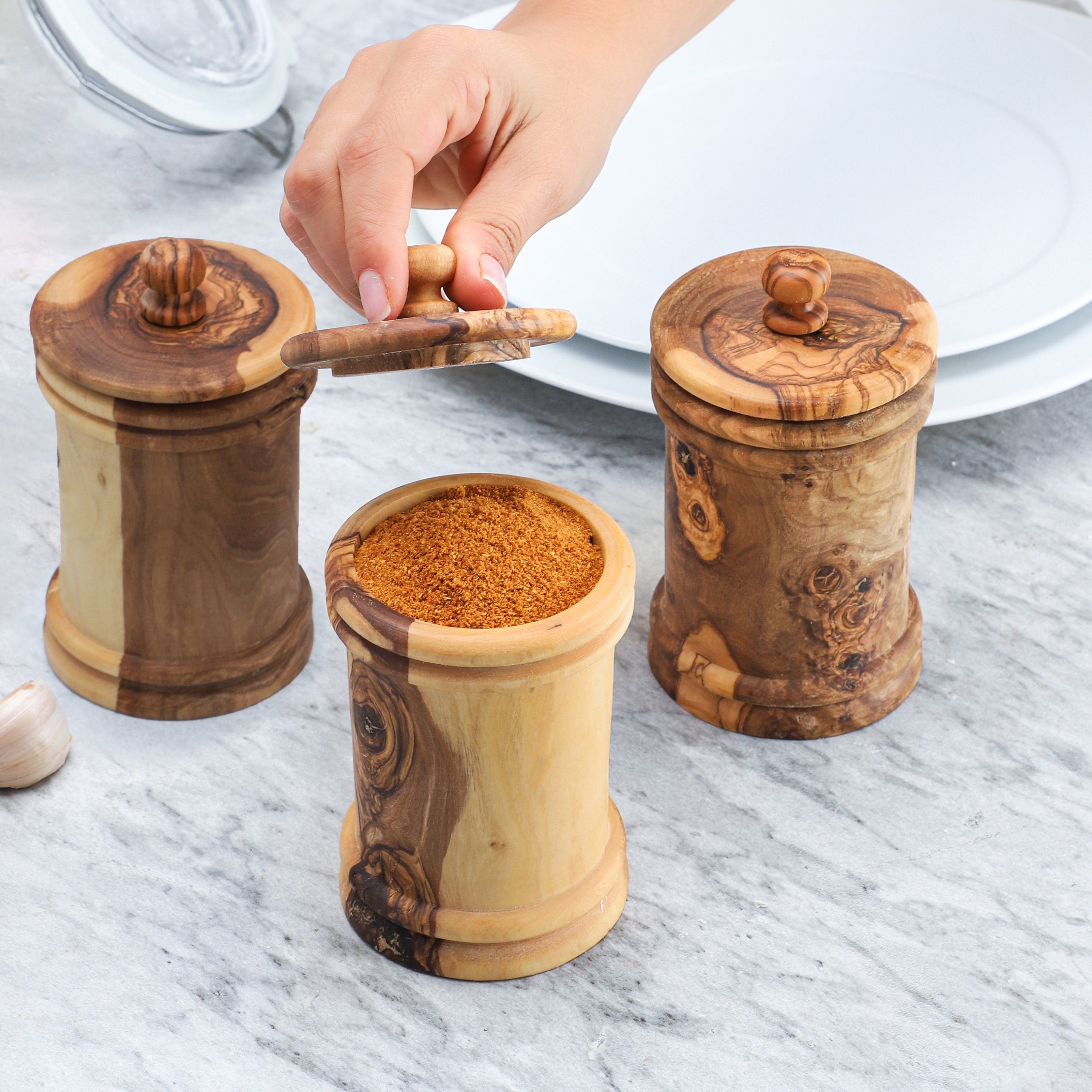 Set of 3 Spice Jars Handmade From Olive Wood / Spice Jar Set / Spice Box  Set / Wooden Salt Box / Salt Cellar With Lid FREE Wood Beeswax 