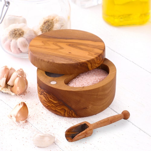 Olive Wood Salt Cellar With Lid and Spoon Salt Pig/spice Etsy