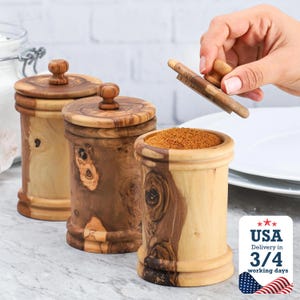 Set of 3 Handmade Olive Wood Spice Jars with Lid + Gift BeesWax Kit