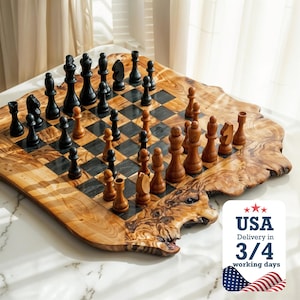 Handmade Olive Wood Chess Set with Rough Edges: Personalized Gift