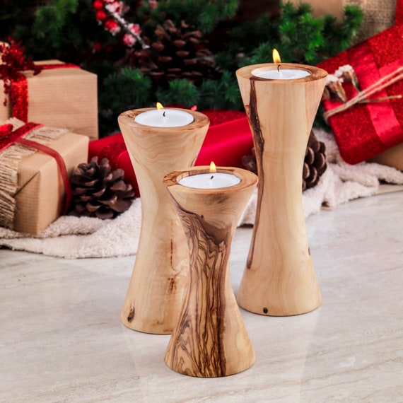 PACKAGED IN A RED GIFT BOX! REAL BIRCH BARK LOG TEALIGHT CANDLE HOLDER 3 SET 